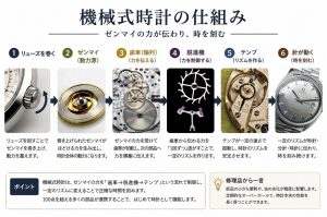 機械式時計がどのように力を伝え時間を刻んでいるのかをフローにした図解です。