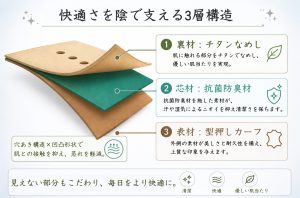 YAOUNDEの孔や凹凸を備えたチタンなめし裏材、抗菌防臭芯材、型押しカーフ表材の3層構造を示す図解