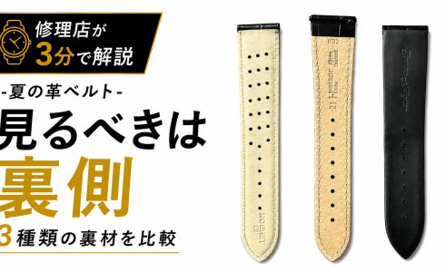 一般的な裏革、孔や凹凸のある裏材、裏ラバー仕様を比較した夏の革ベルト解説サムネイル