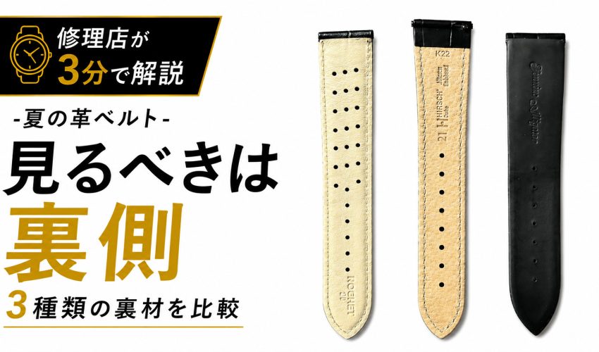 一般的な裏革、孔や凹凸のある裏材、裏ラバー仕様を比較した夏の革ベルト解説サムネイル