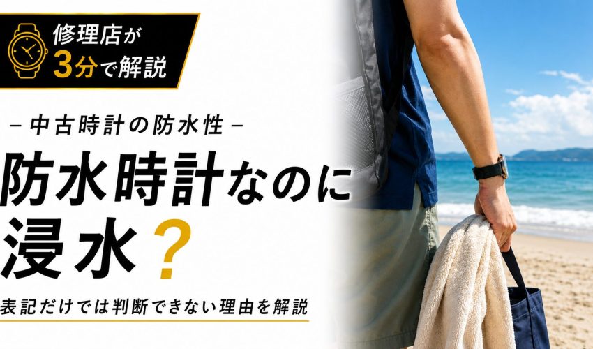 海辺で腕時計を着用する人物と中古時計の防水性を解説するアイキャッチ