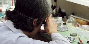 クォーツ腕時計の電池交換後に動作を確認している様子